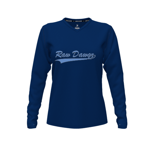 [CUS-DFW-TEES-CMF-VNK-LSL-NVY-FYXS-LOGO3] Decker Comfort T-Shirt (Female Youth XS, Navy, V Neck, Logo 3, Long Sleeve)